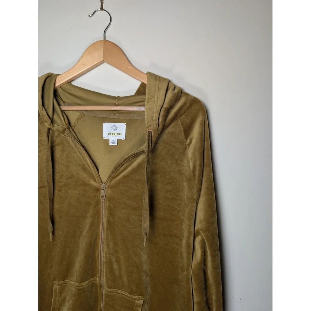Offline by Aerie Womens Velour Full Zip Hoodie Mustard Gold 9SDWMF5K Size Large - Picture 8 of 8